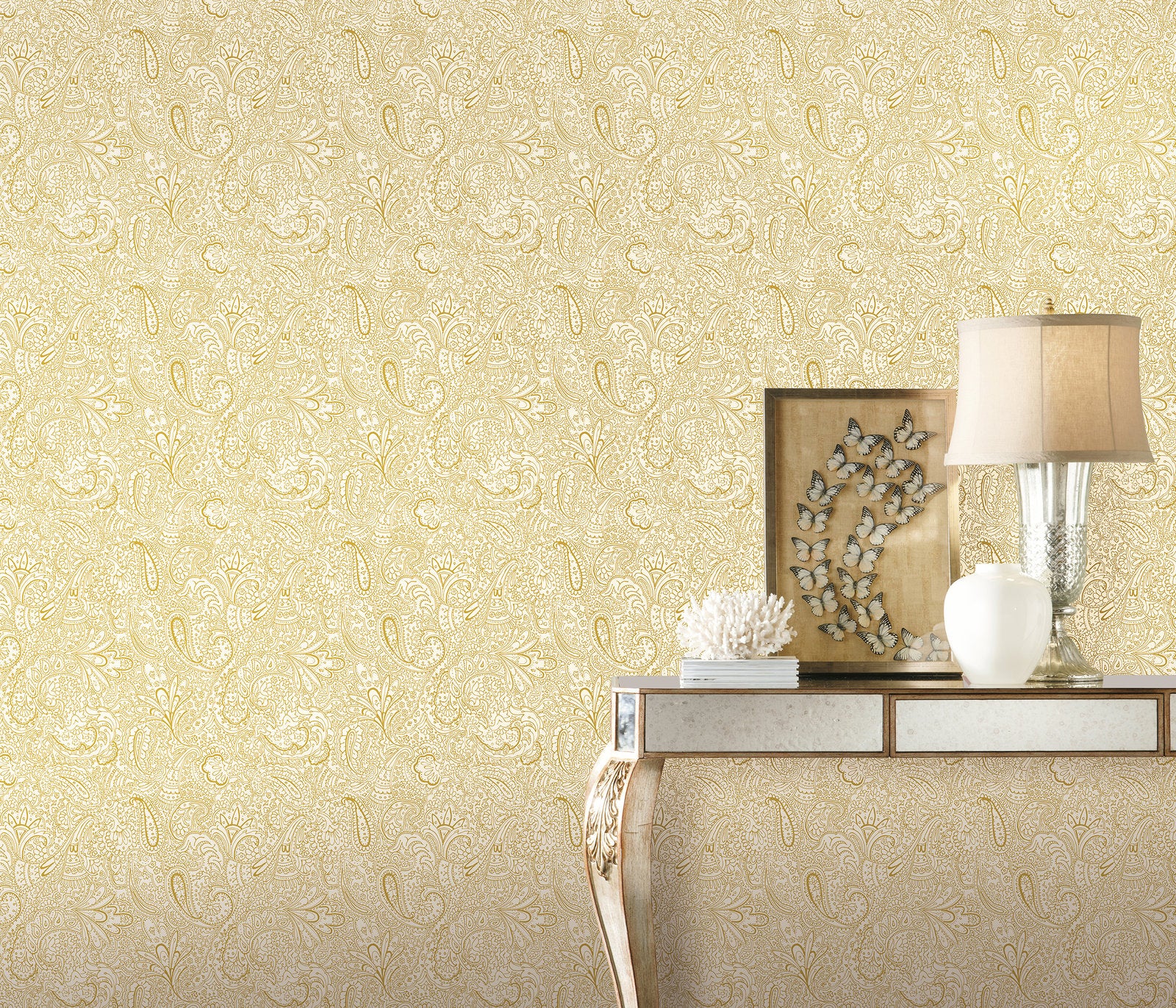 Paisley Trellis wallpaper in gold color - pattern number 11302 - by Galerie in the Elegance collection