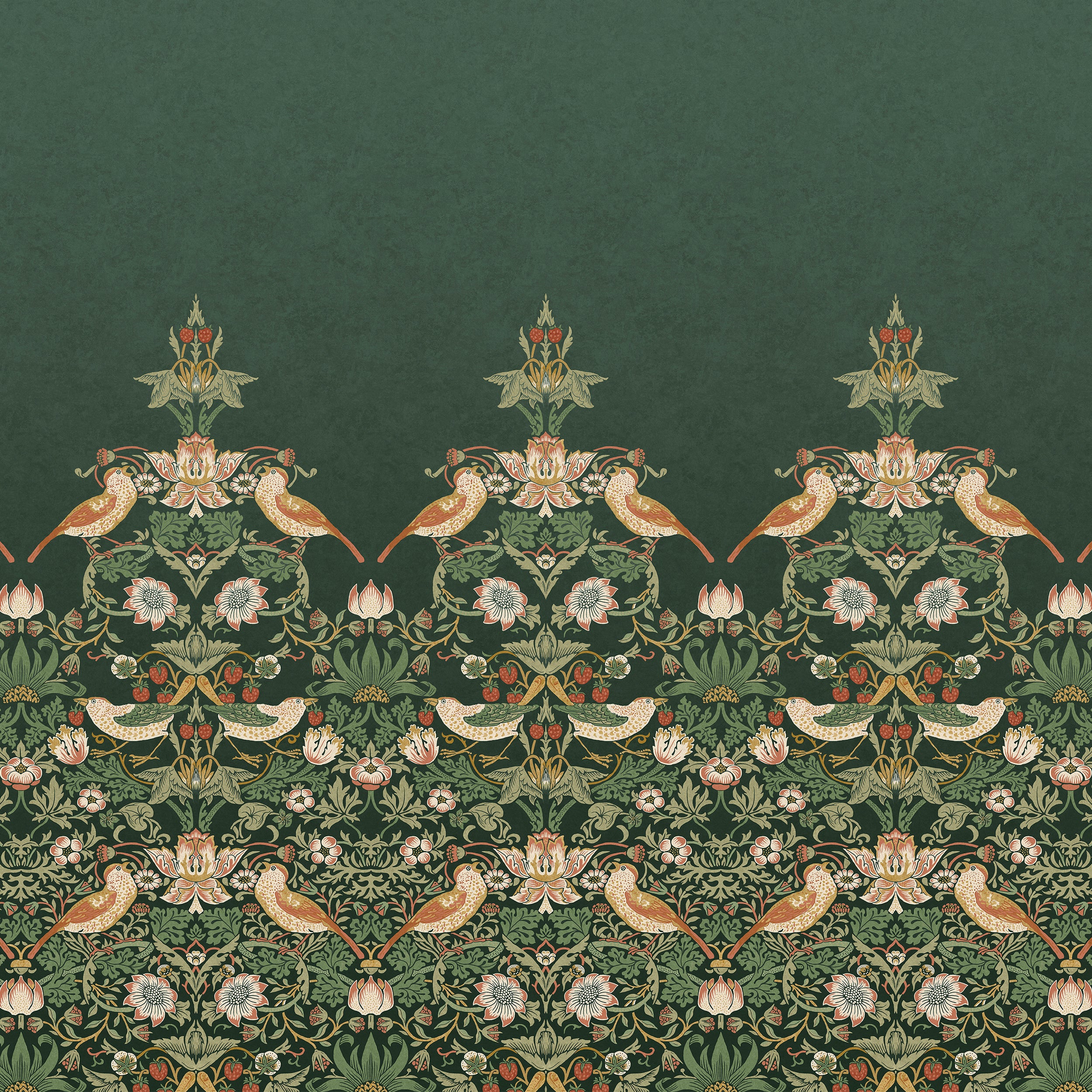 Strawberry Thief Fixed Size 6 Panel mural in green color - pattern number 125310FXST - by Graham and Brown in the William Morris at Home Murals collection