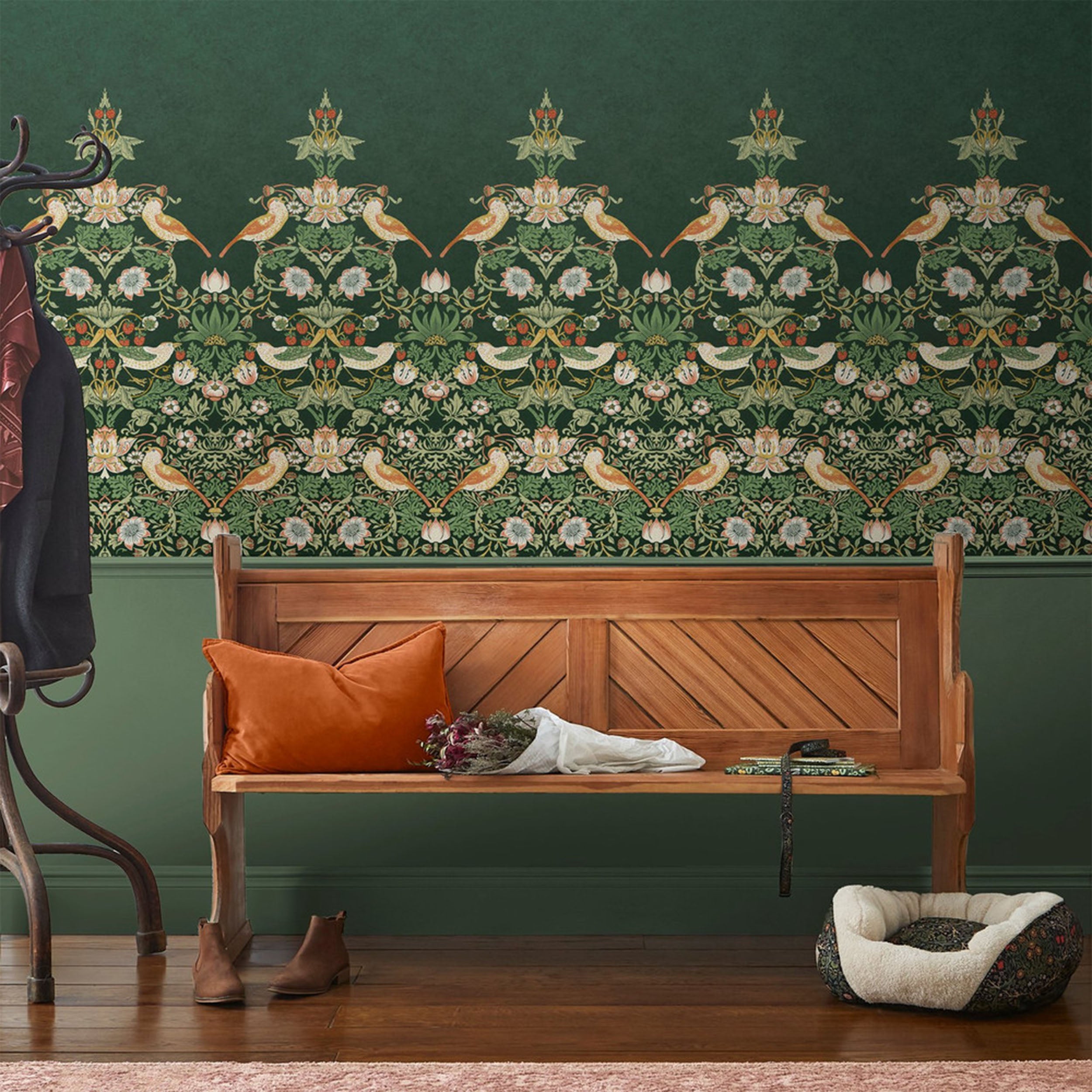 Strawberry Thief Fixed Size 6 Panel mural in green color - pattern number 125310FXST - by Graham and Brown in the William Morris at Home Murals collection