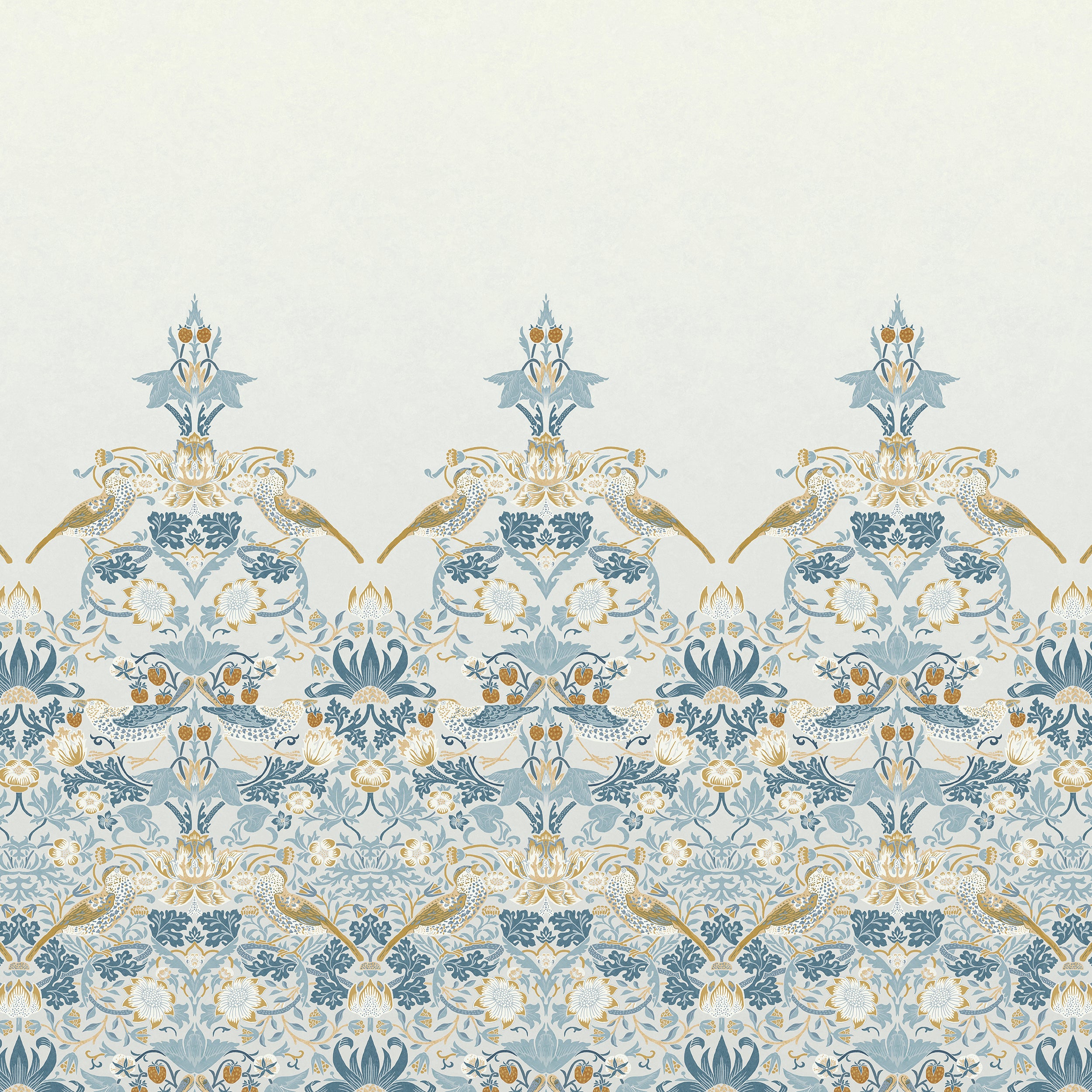 Strawberry Thief Fixed Size 6 Panel mural in blue color - pattern number 125319FXST - by Graham and Brown in the William Morris at Home Murals collection