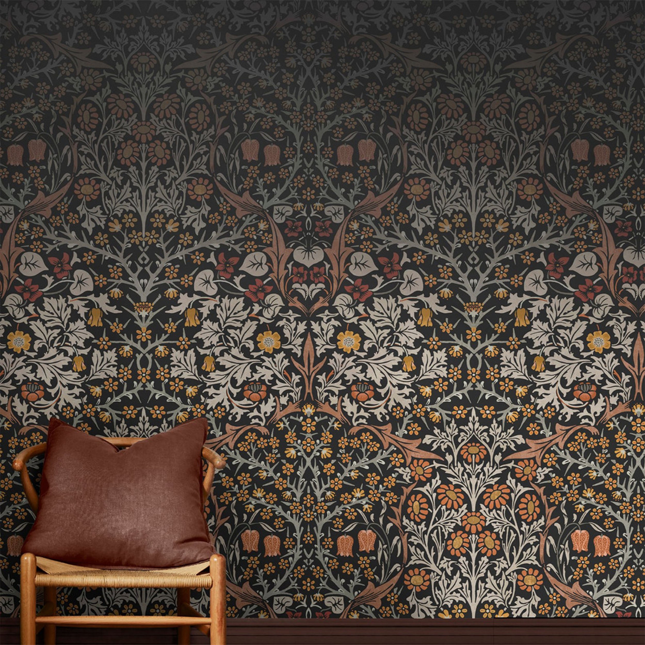 Blackthorn Fixed Size 6 Panel mural in grey color - pattern number 125337FXST - by Graham and Brown in the William Morris at Home Murals collection