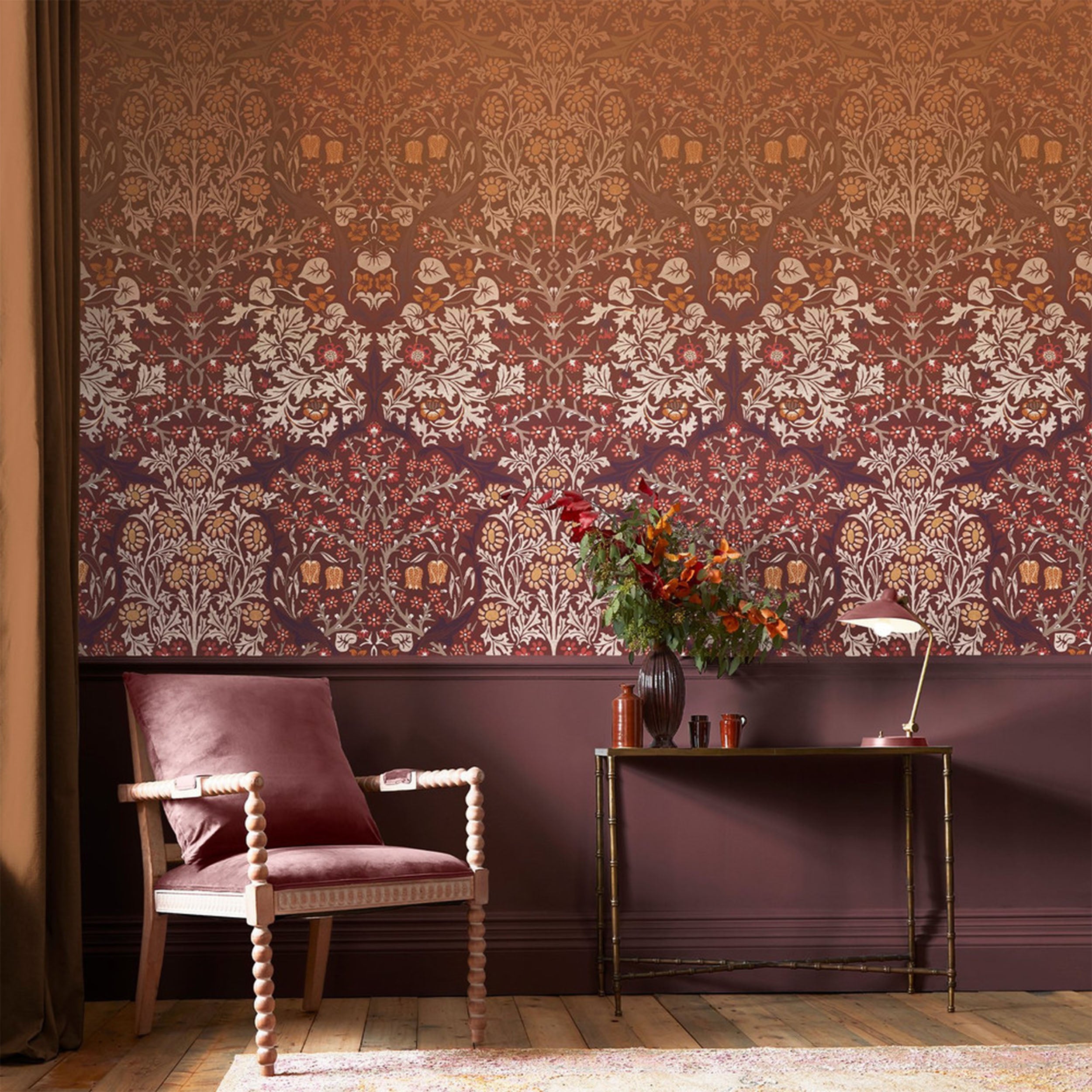Blackthorn Fixed Size 6 Panel mural in red color - pattern number 125346FXST - by Graham and Brown in the William Morris at Home Murals collection