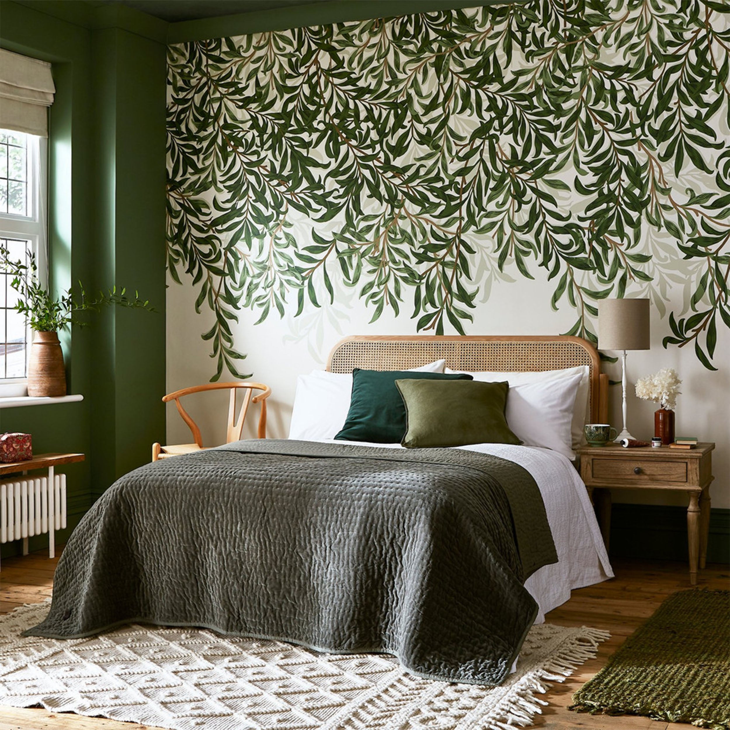 Willow Bough Fixed Size 6 Panel mural in green color - pattern number 125364FXST - by Graham and Brown in the William Morris at Home Murals collection