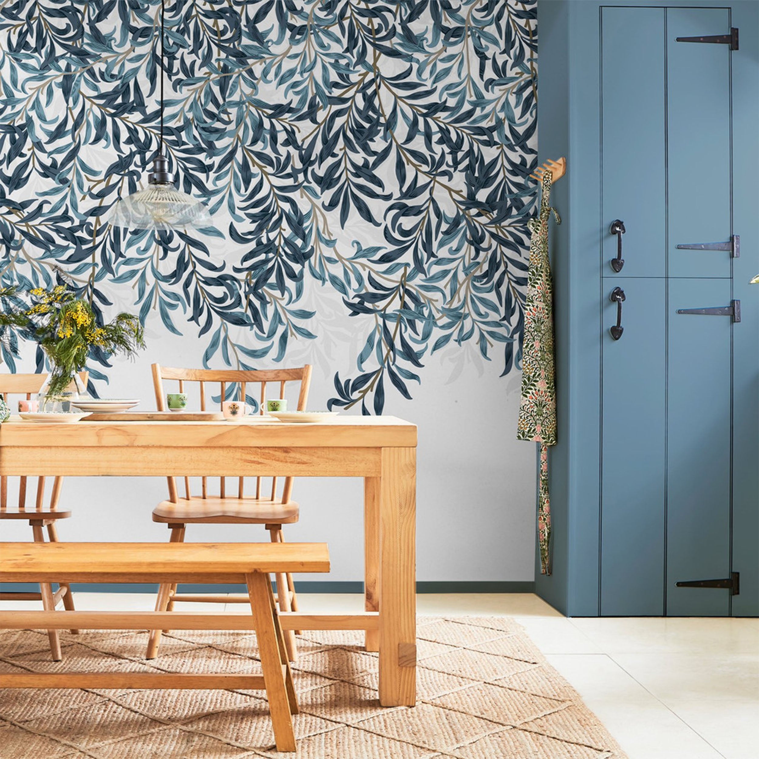 Willow Bough Fixed Size 6 Panel mural in blue color - pattern number 125373FXST - by Graham and Brown in the William Morris at Home Murals collection
