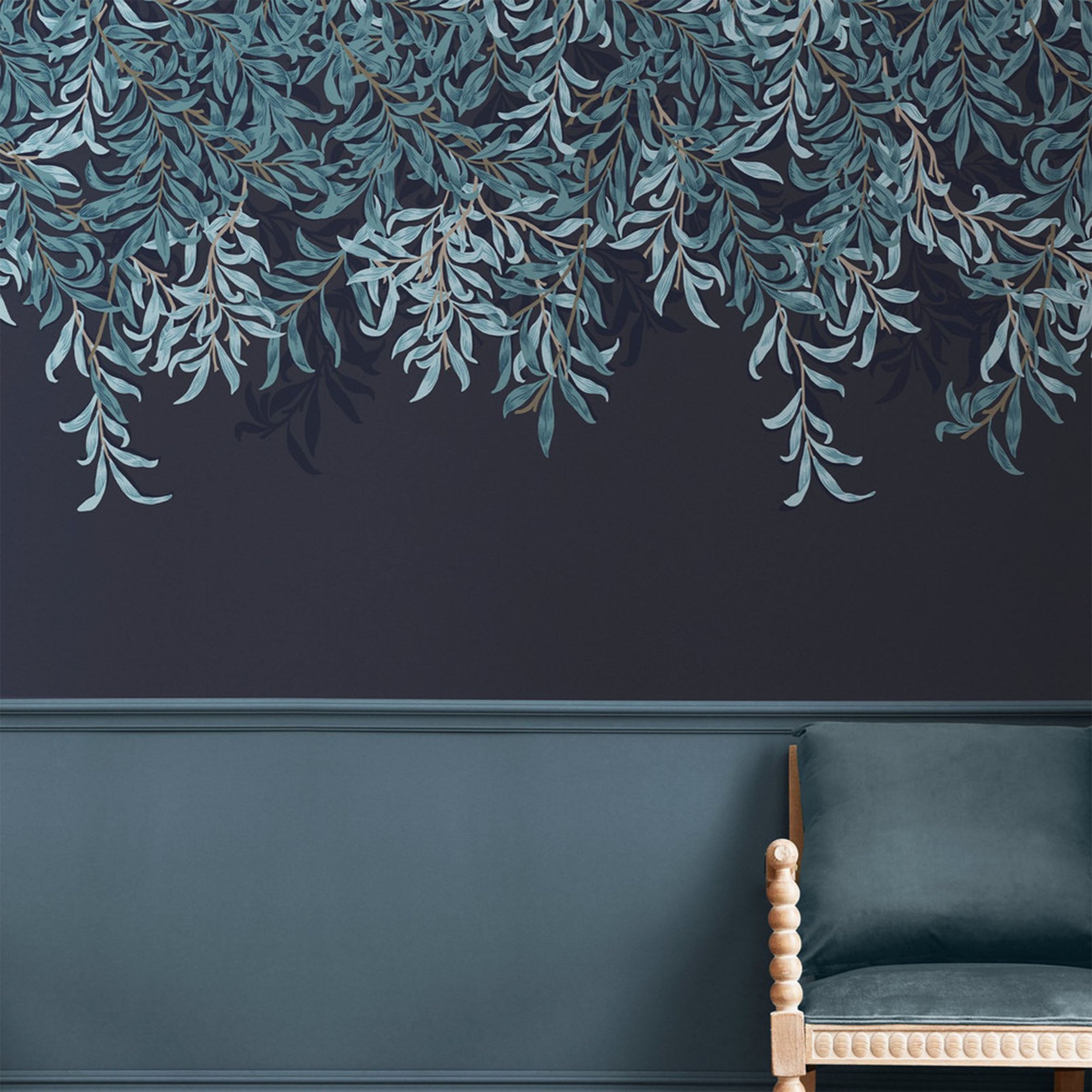 Willow Bough Fixed Size 6 Panel mural in blue color - pattern number 125382FXST - by Graham and Brown in the William Morris at Home Murals collection