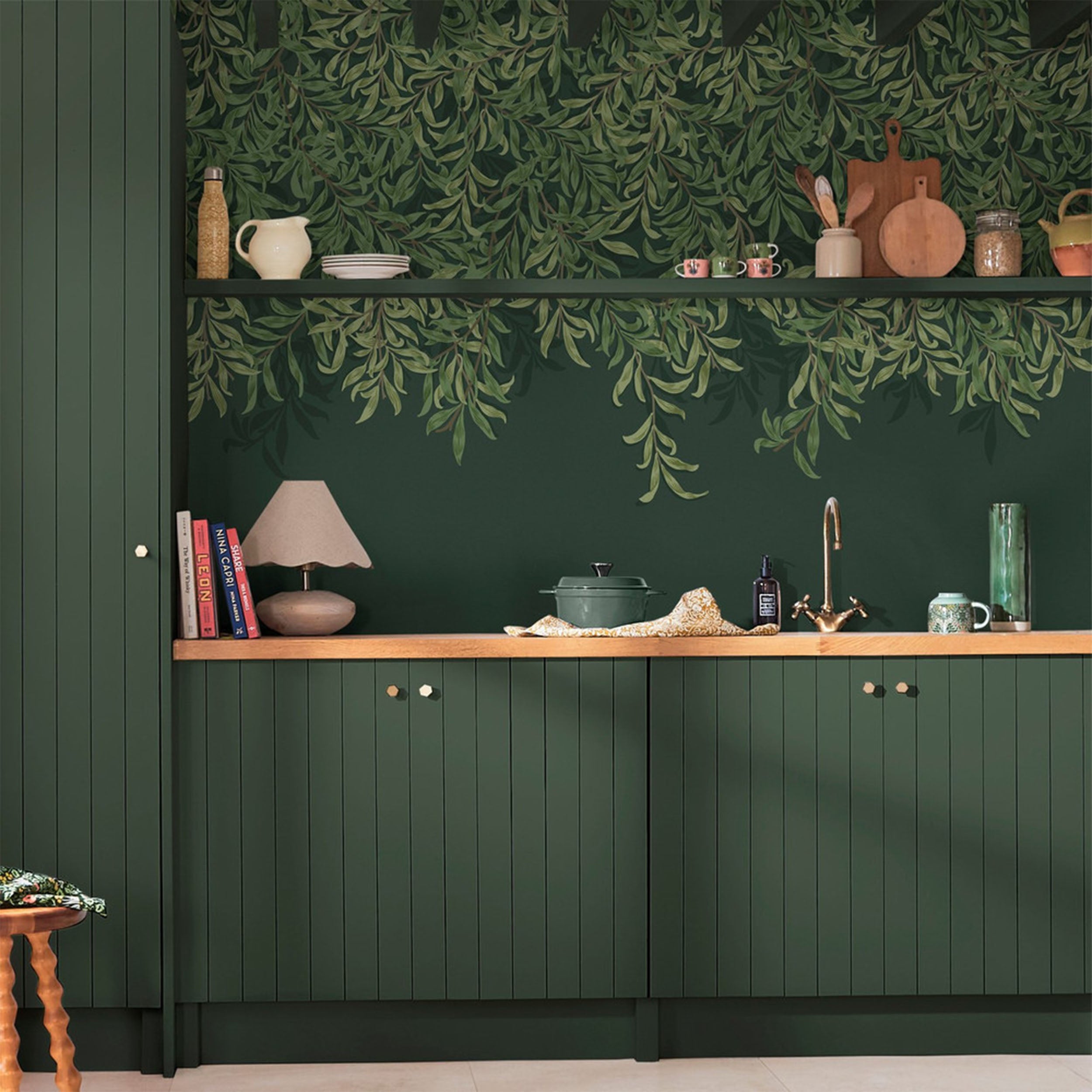 Willow Bough Fixed Size 6 Panel mural in green color - pattern number 125391FXST - by Graham and Brown in the William Morris at Home Murals collection