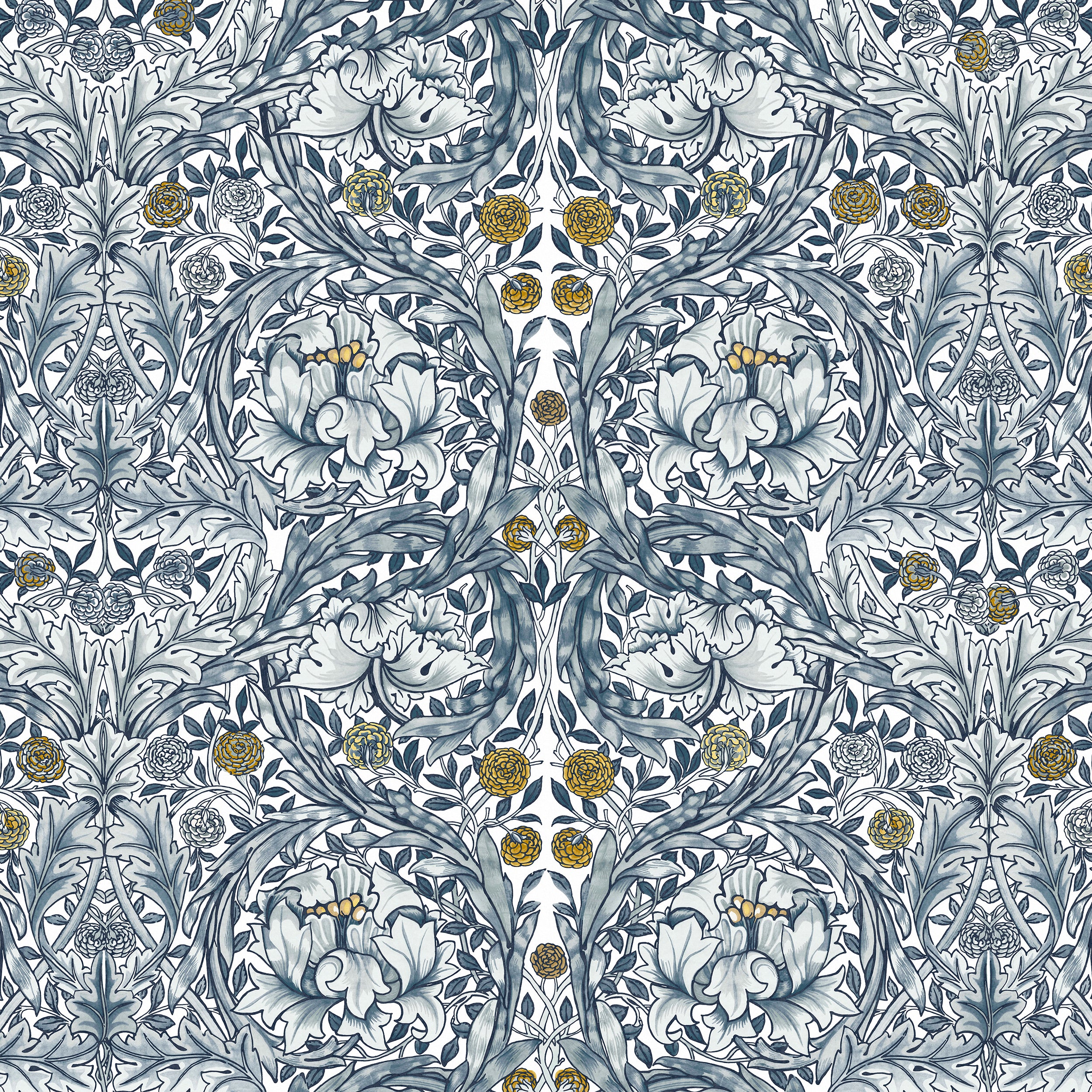 African Marigold Fixed Size 6 Panel mural in blue color - pattern number 125400FXST - by Graham and Brown in the William Morris at Home Murals collection