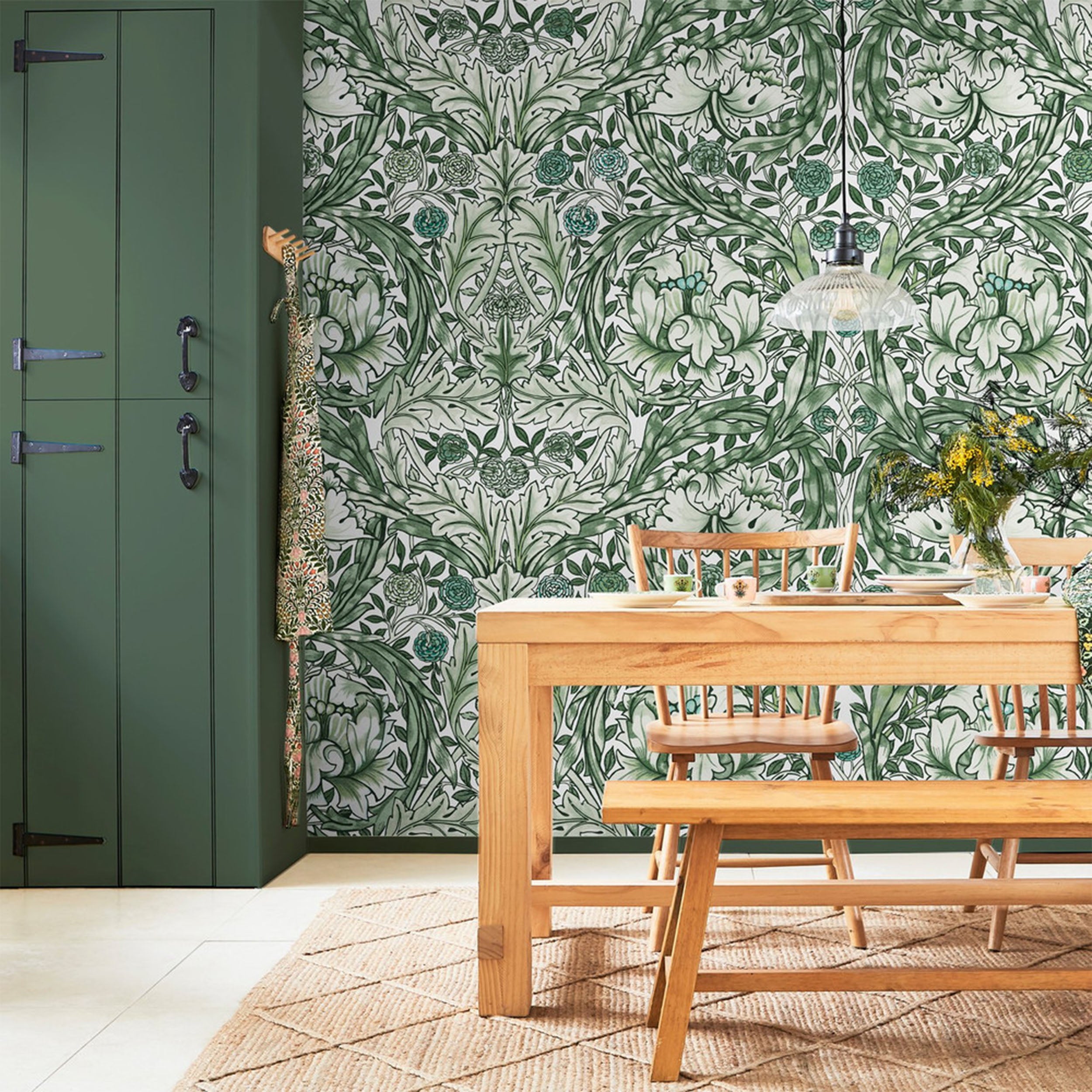 African Marigold Fixed Size 6 Panel mural in green color - pattern number 125418FXST - by Graham and Brown in the William Morris at Home Murals collection