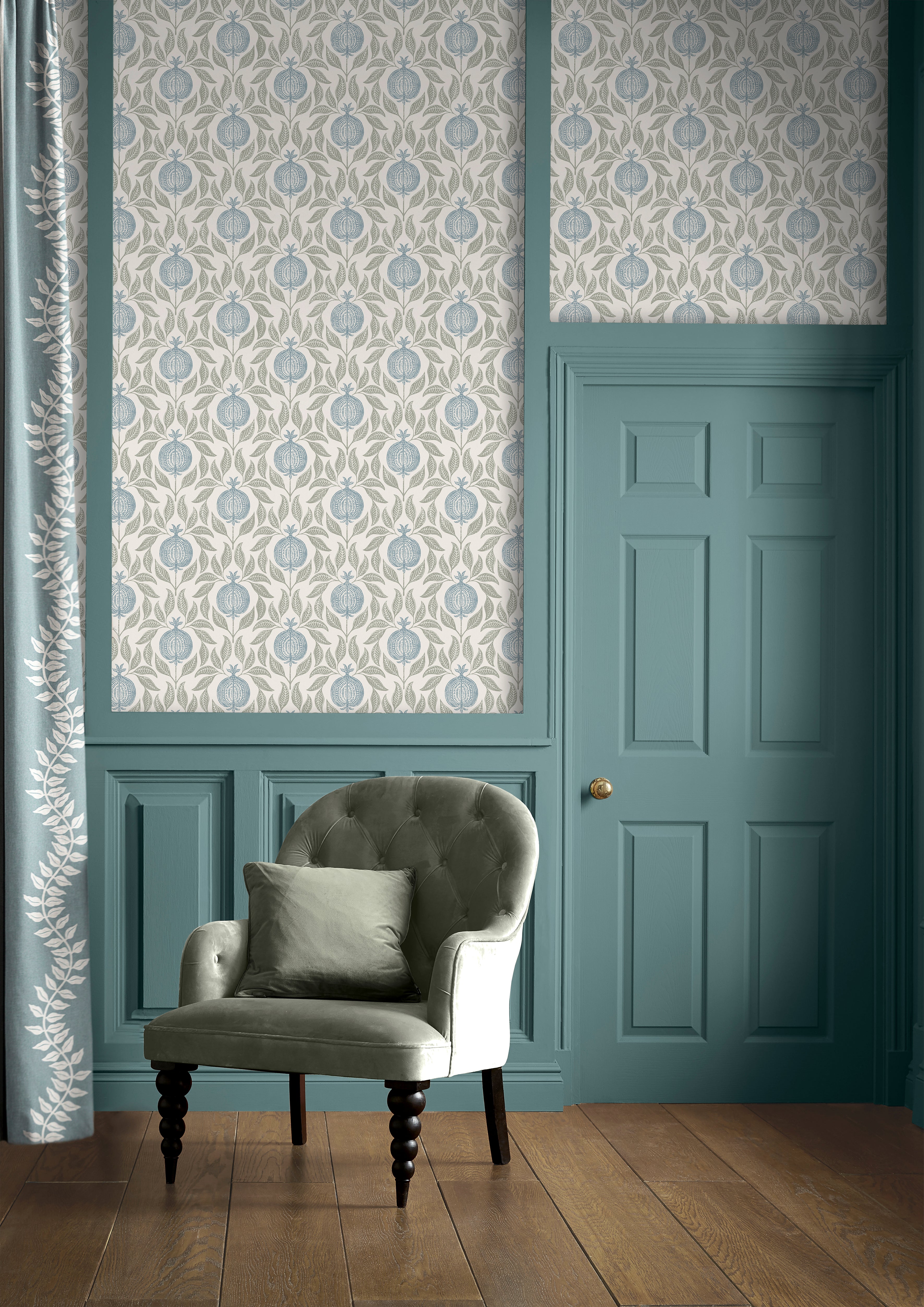 Apple of Grenada Wallpaper in sky blue & green color - pattern number 130289 - by Graham and Brown in the 2025 Exclusives collection