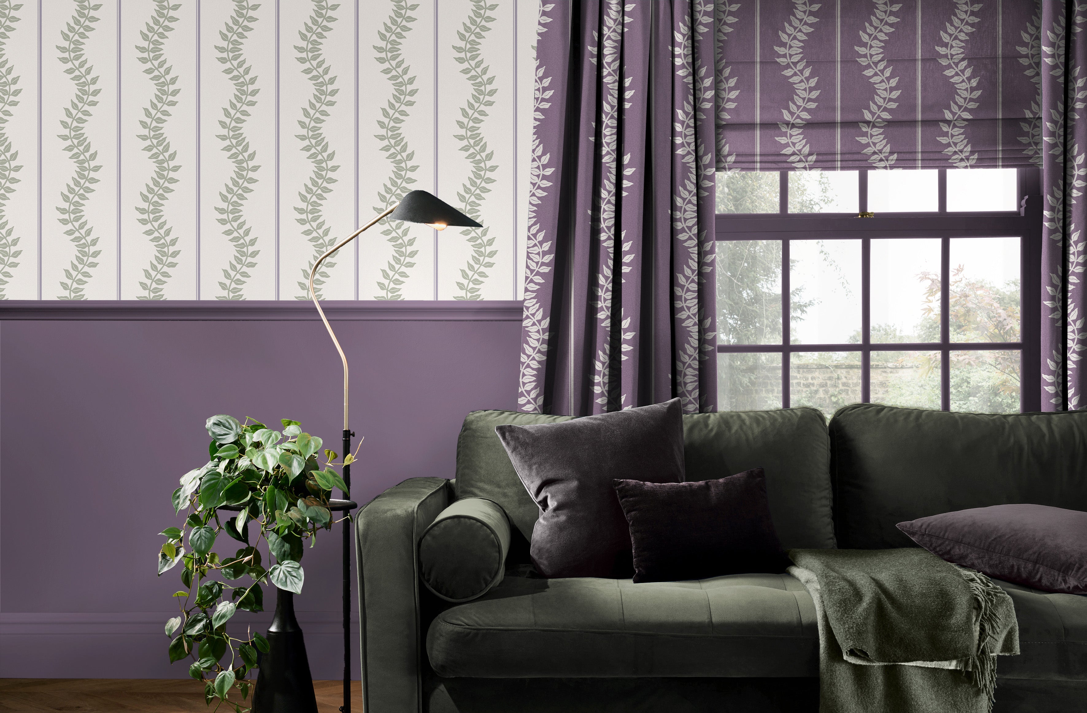 Laurel Leaf Stripe Wallpaper in mauve & sage color - pattern number 130293 - by Graham and Brown in the 2025 Exclusives collection