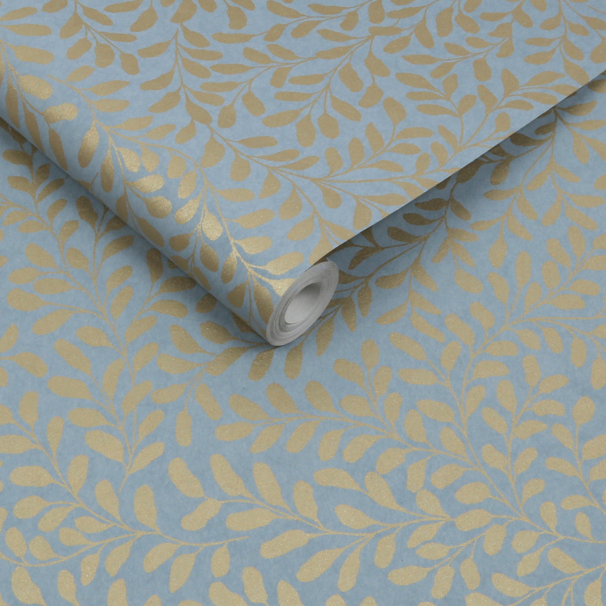 Gilded Leaf Wallpaper in sky blue & pale gold color - pattern number 130368 - by Graham and Brown in the 2025 Exclusives collection