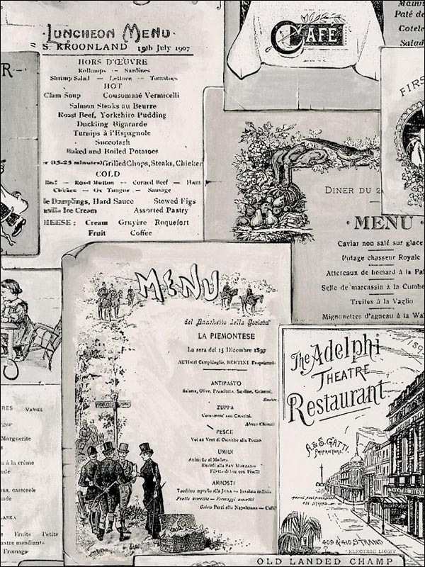 Menu Sidewall wallpaper in blacks whites color - pattern number FK26953 - by Patton Norwall in the Fresh Kitchens 5 collection