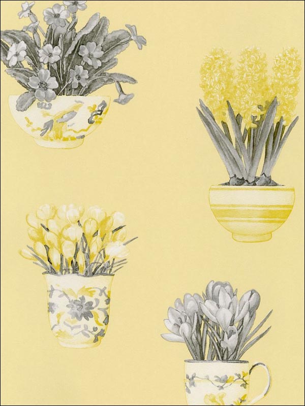 Printemps Tea Cups fabric in greys yellows color - pattern number FK34420 - by Patton Norwall in the Fresh Kitchens 5 collection