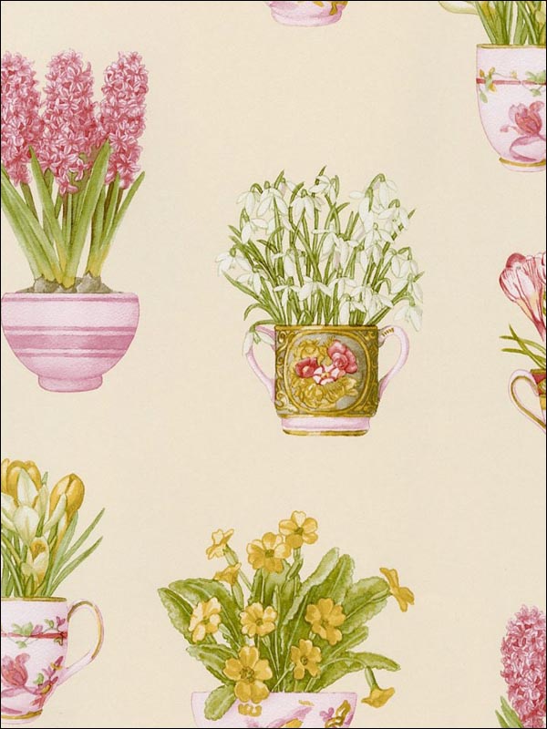 Printemps Tea Cups fabric in browns greens reds color - pattern number FK34421 - by Patton Norwall in the Fresh Kitchens 5 collection