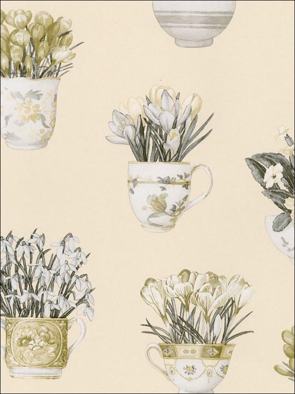 Printemps Tea Cups wallpaper in browns neutrals color - pattern number FK34422 - by Patton Norwall in the Fresh Kitchens 5 collection