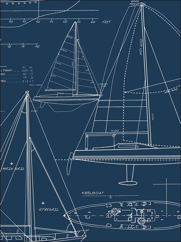 Yacht Blueprint fabric in 61312 color - pattern number YC61312 - by Wallquest in the Yacht Club collection