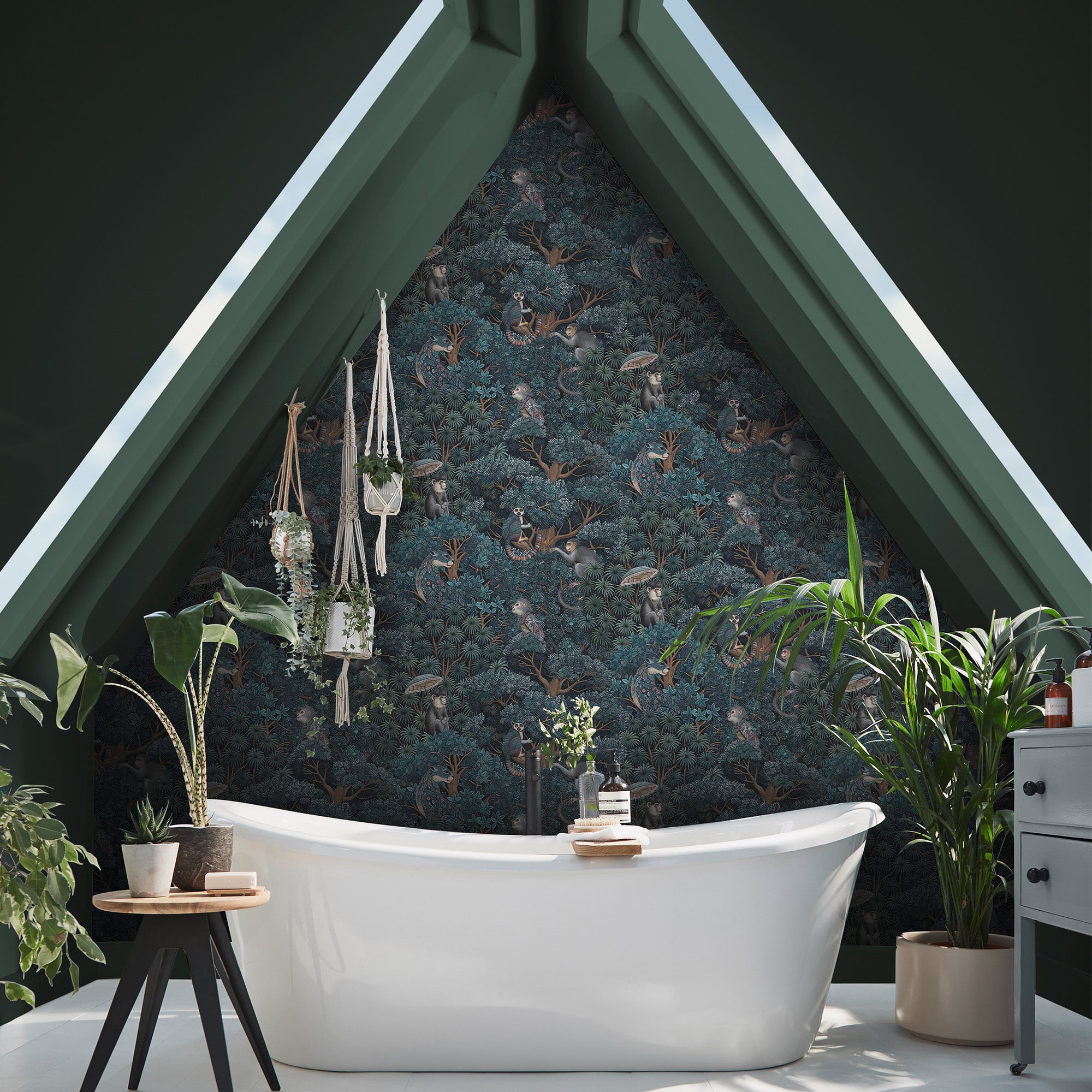 Treetop Troop Wallpaper in navy & teal color - pattern number 142313 - by Graham and Brown in the 2025 Exclusives collection