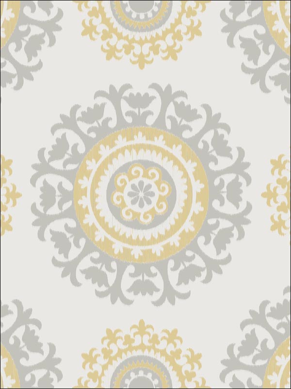 Suzani Peel and Stick fabric in grey and yellow color - pattern number NU1652 - by Brewster in the NuWallpaper collection
