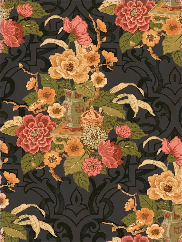 Dynasty Floral fabric in metallic ebony color - pattern number AI40000 - by Seabrook in the Koi collection
