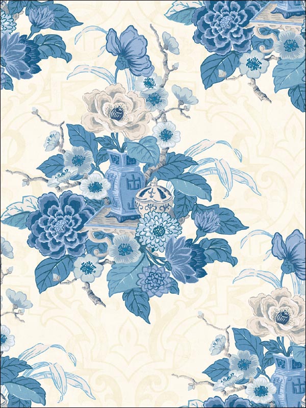 Dynasty Floral fabric in metallic linen and blue color - pattern number AI40002 - by Seabrook in the Koi collection