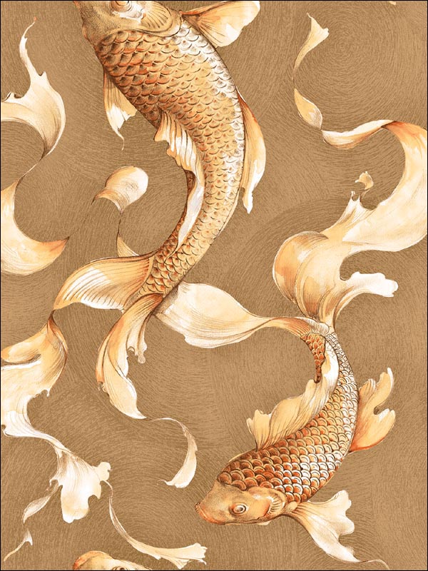 Koi Fish fabric in metallic gold and toffee color - pattern number AI40605 - by Seabrook in the Koi collection