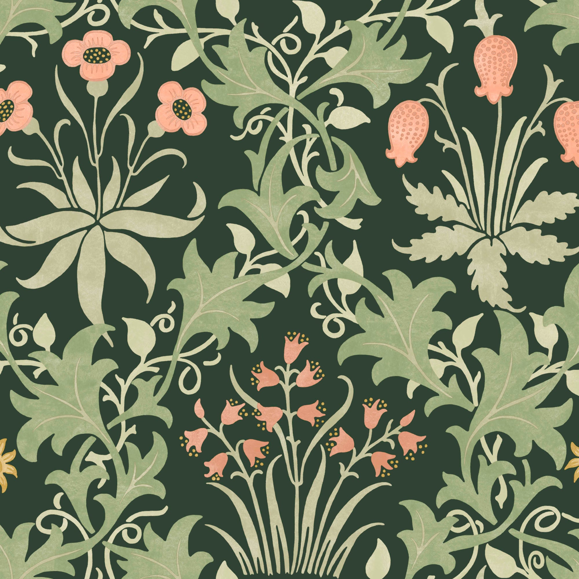 Celandine Wallpaper in forest color - pattern number 145682 - by William Morris in the William Morris at Home SS26 collection