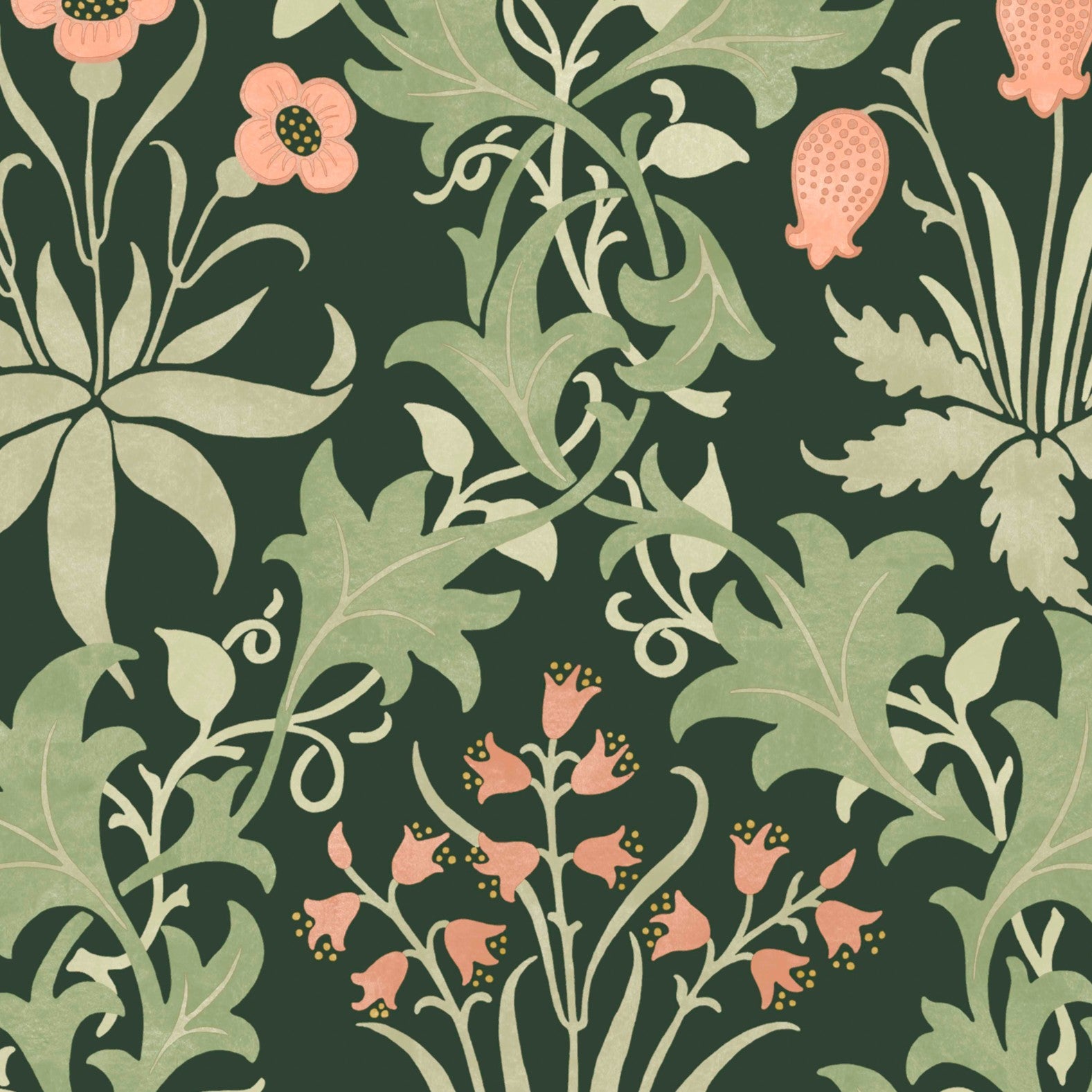 Celandine Wallpaper in forest color - pattern number 145682 - by William Morris in the William Morris at Home SS26 collection