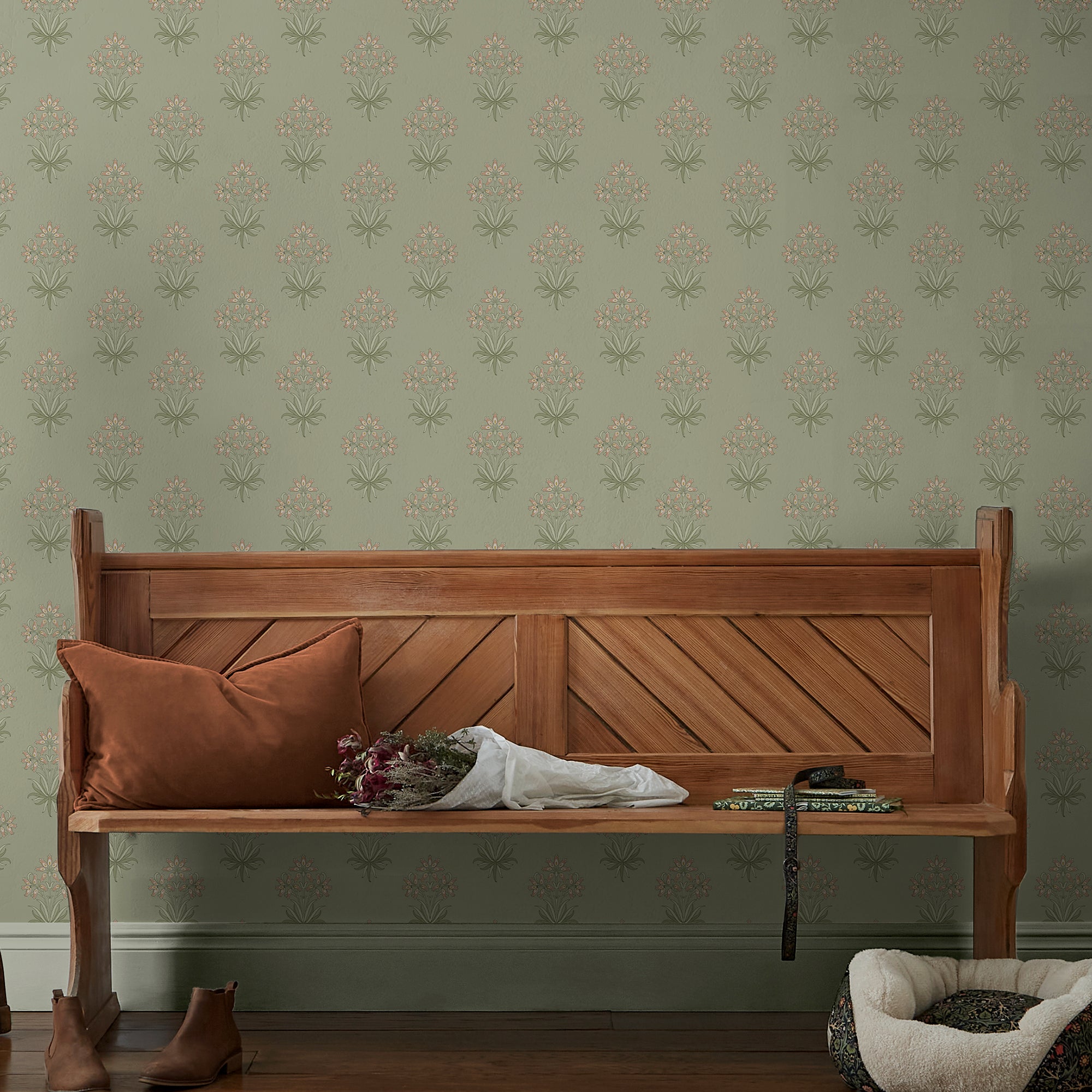Hyacinth Flower Wallpaper in peony & sage color - pattern number 145694 - by William Morris in the William Morris at Home SS26 collection