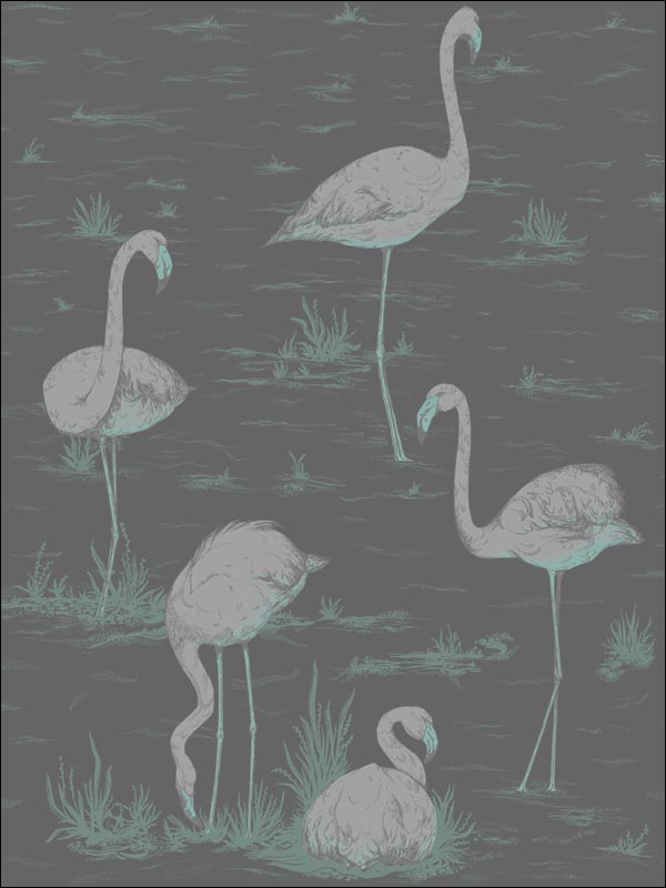 Flamingos fabric in teal silver black color - pattern number 95/8048.CS.0 - by Cole and Son in the Contemporary Restyled collection