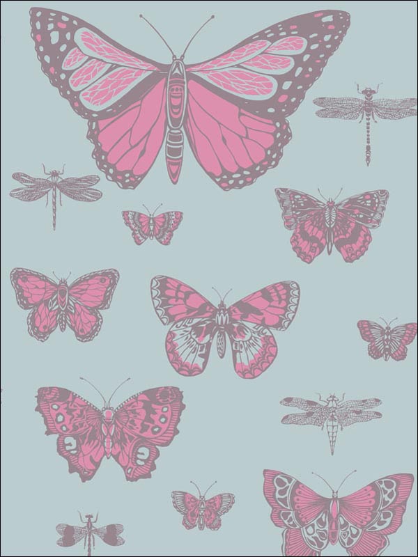 Butterflies and Dragonflies fabric in pink on blue color - pattern number 103/15062.CS.0 - by Cole and Son in the Whimsical collection