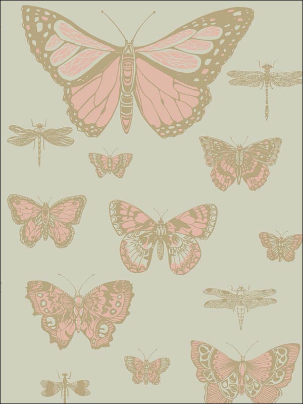 Butterflies and Dragonflies fabric in pink on olive color - pattern number 103/15063.CS.0 - by Cole and Son in the Whimsical collection
