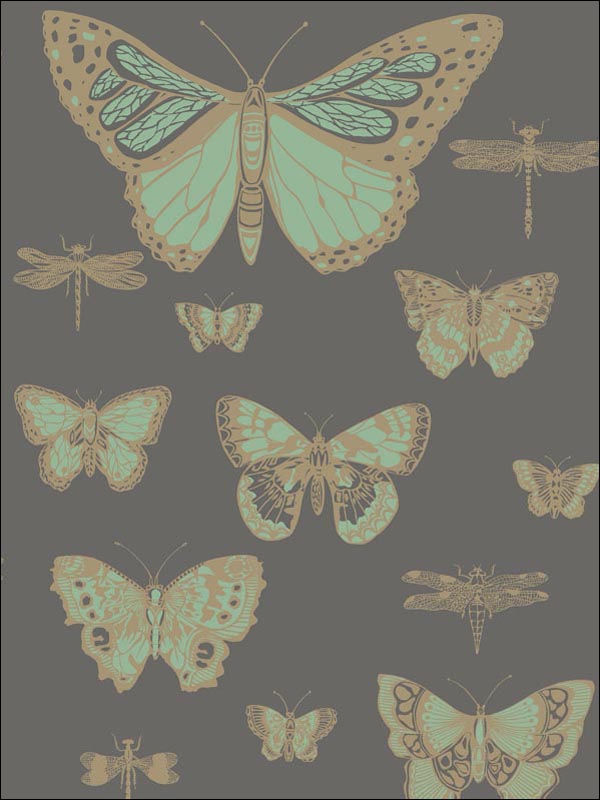 Butterflies and Dragonflies fabric in green on char color - pattern number 103/15067.CS.0 - by Cole and Son in the Whimsical collection