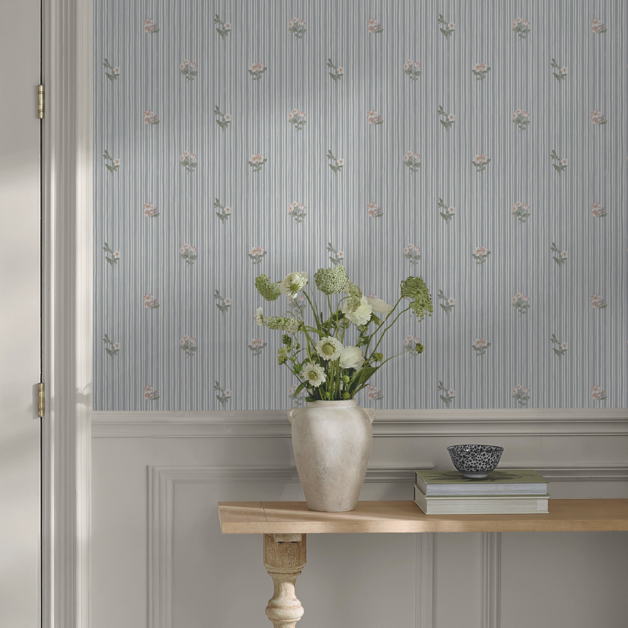 Garden Stripe Wallpaper in grey blue color - pattern number 146815 - by Martha Stewart in the Martha Stewart AW26 collection