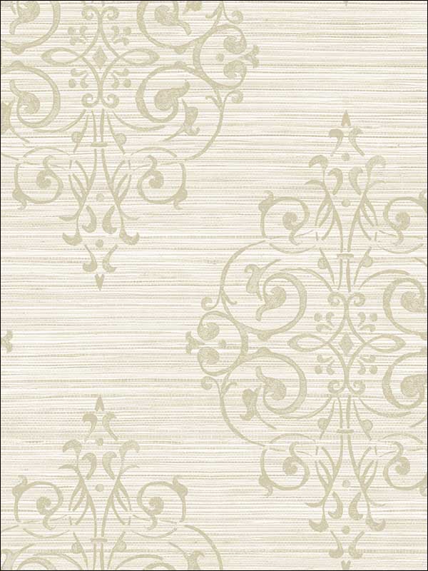 Medallion on Grasscloth wallpaper in warm neutral beige color - pattern number OY34905 - by Paper and Ink in the White on White collection