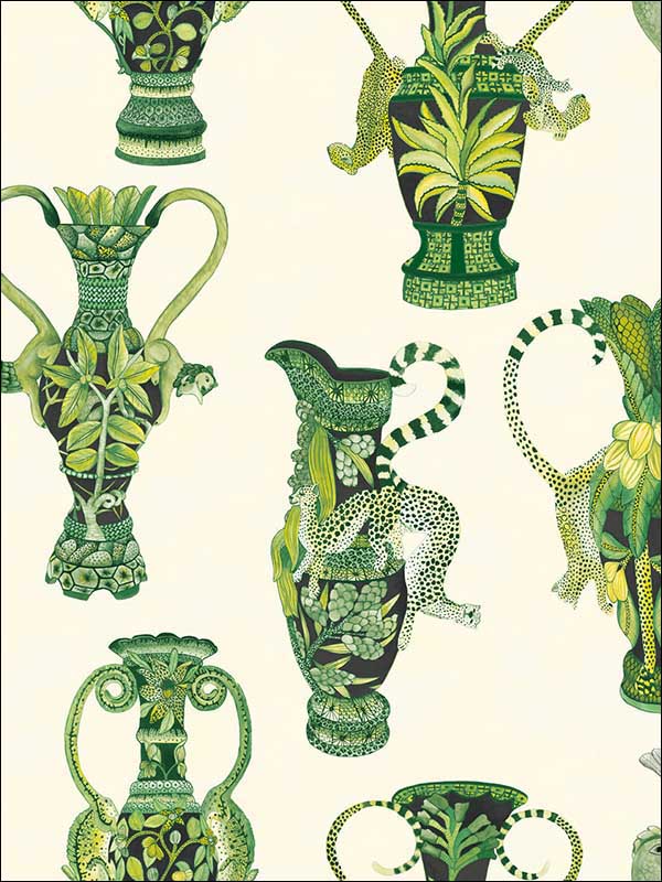Khulu Vases fabric in green and white color - pattern number 109/12056.CS.0 - by Cole and Son in the The Ardmore Collection collection