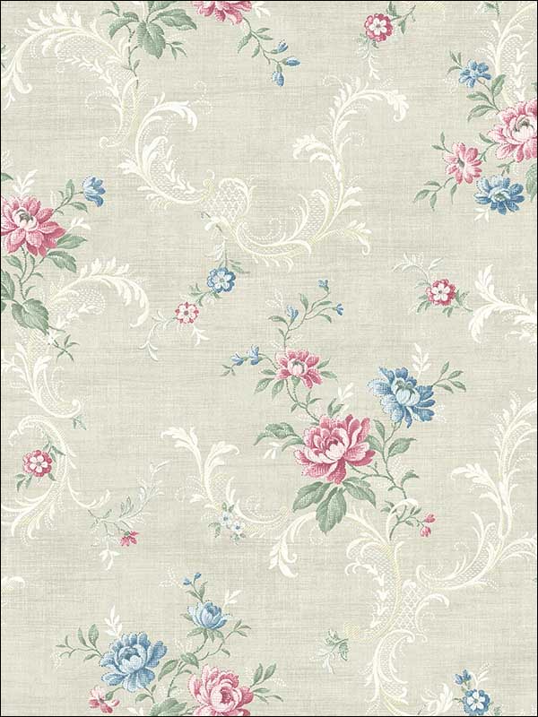Tossed Floral Scroll fabric in cool primary color - pattern number MV80101 - by Wallquest in the Vintage Home II collection