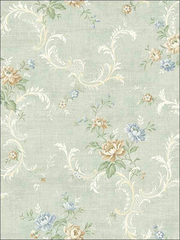 Tossed Floral Scroll fabric in vintage blue color - pattern number MV80102 - by Wallquest in the Vintage Home II collection