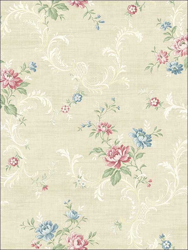 Tossed Floral Scroll fabric in warm primary color - pattern number MV80107 - by Wallquest in the Vintage Home II collection