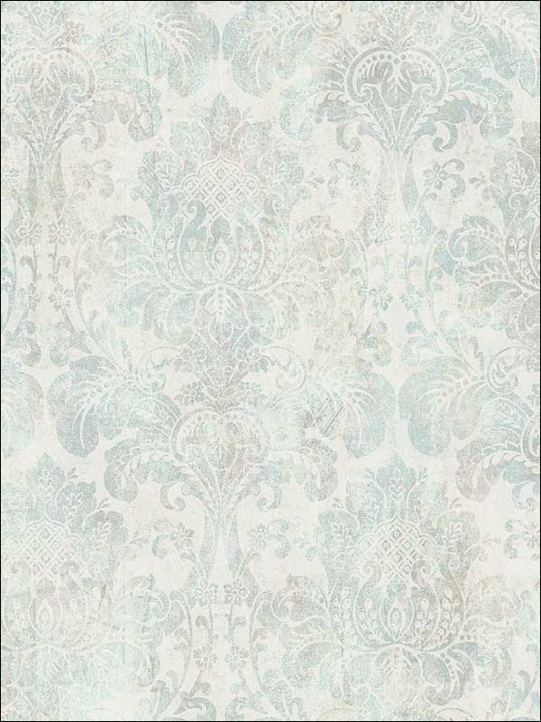Distressed Damask fabric in vintage blue color - pattern number MV81701 - by Wallquest in the Vintage Home II collection