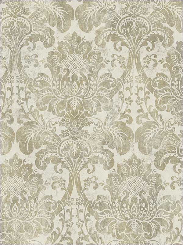 Distressed Damask fabric in gilded color - pattern number MV81707 - by Wallquest in the Vintage Home II collection