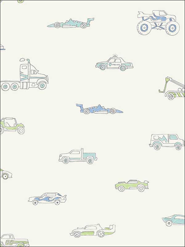 Traffic Jam fabric in blue and green color - pattern number FA40302 - by Seabrook in the Playdate Adventure collection