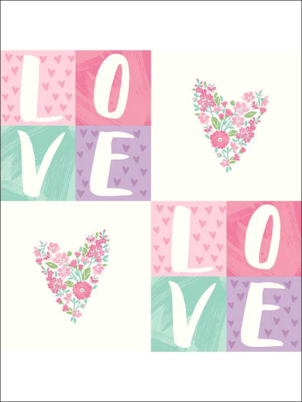 Love Hearts 2 Panel mural in pink teal purple color - pattern number FA41600M - by Seabrook in the Playdate Adventure collection