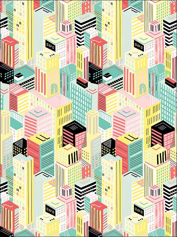 City 2 Panel mural in yellow teal red color - pattern number FA42900M - by Seabrook in the Playdate Adventure collection