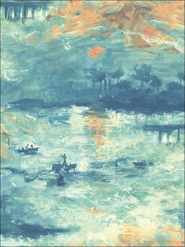 Nautical Sunset fabric in navy turquoise and metallic gold color - pattern number FI70004 - by Seabrook in the French Impressionist collection