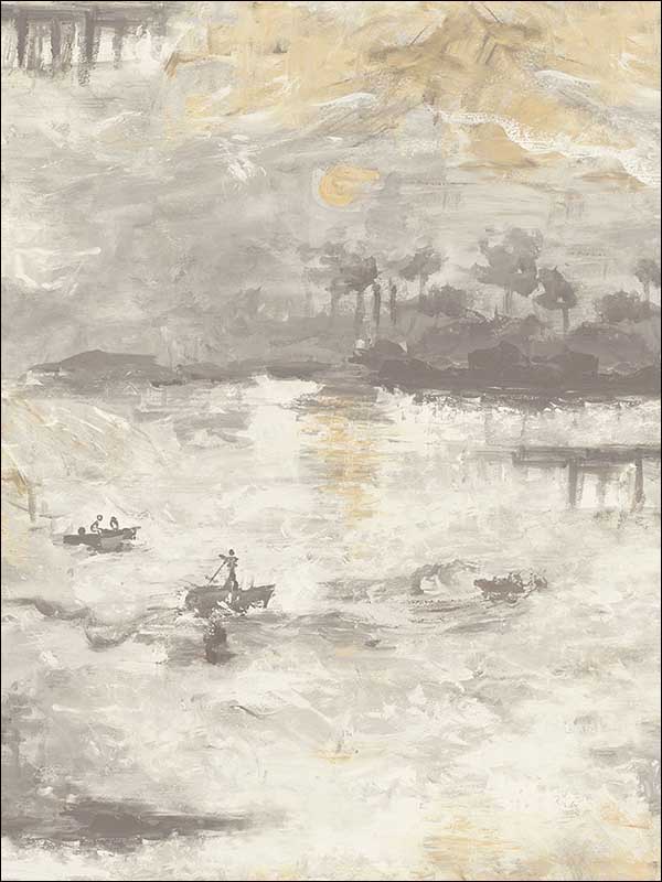 Nautical Sunset fabric in charcoal metallic gold and pearl color - pattern number FI70007 - by Seabrook in the French Impressionist collection