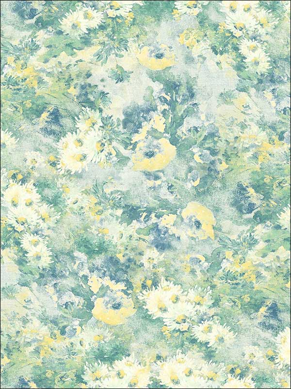 Daisy wallpaper in metallic ivory yellow and teal color - pattern number FI71304 - by Seabrook in the French Impressionist collection