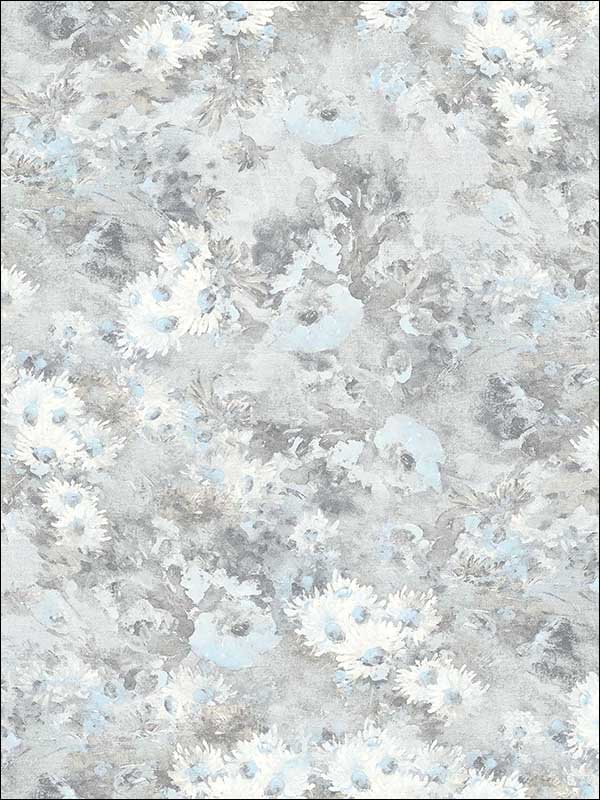Daisy wallpaper in metallic silver and sky blue color - pattern number FI71308 - by Seabrook in the French Impressionist collection