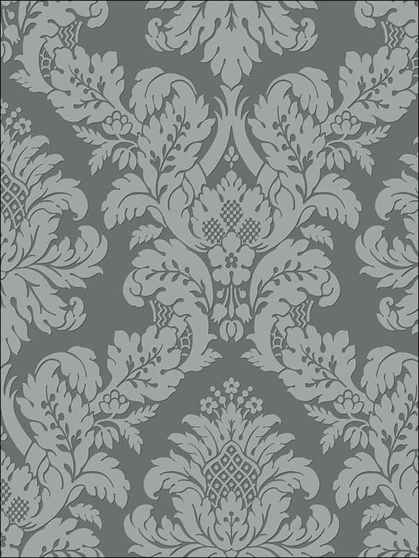 Raised Glitter Damask fabric in charcoal color - pattern number UK10435 - by Seabrook in the Mica by Pear Tree Studios collection