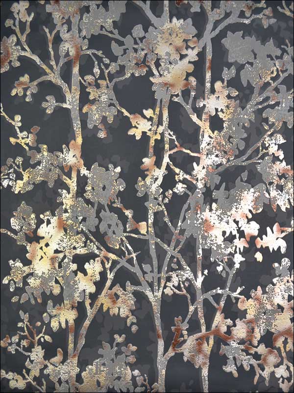 Shimmering Foliage fabric in black color - pattern number NW3580 - by Antonina Vella in the Modern Metals collection