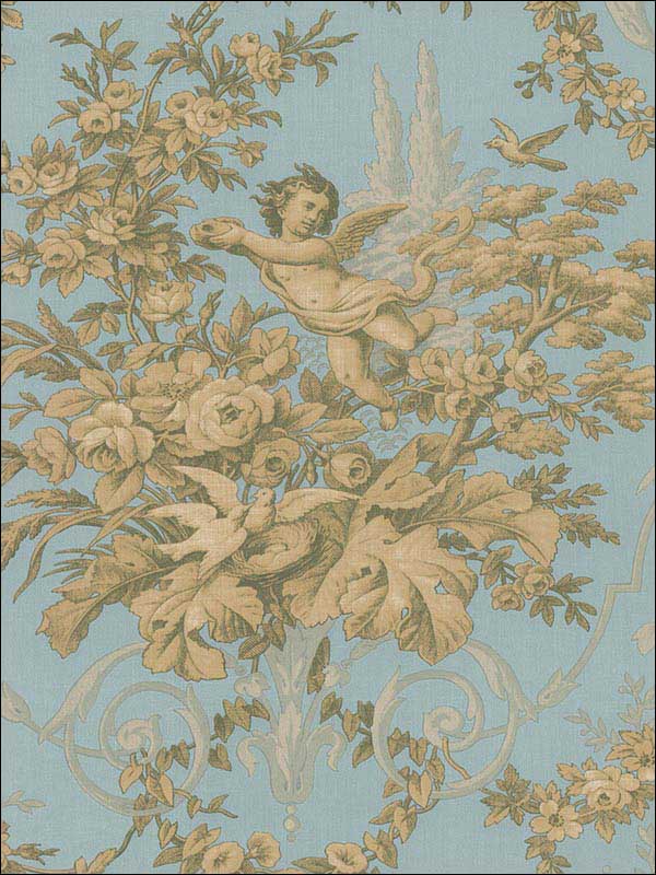 Fabric Toile fabric in metallic gold aqua color - pattern number CH28309 - by Patton Norwall in the Manor House by Norwall collection